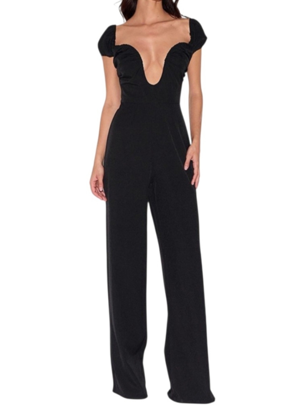 Prettylittlething Black Woven Plunge Bardot Straight Leg Jumpsuit Minimalist 10